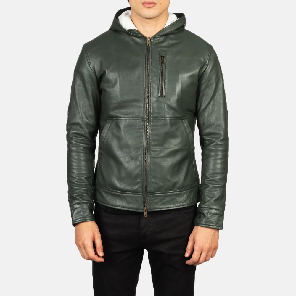 Baston Green Hooded Leather Bomber Jacket - Image 6