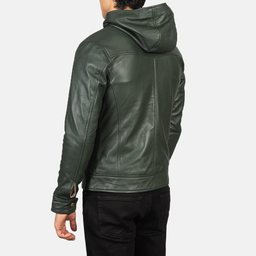 Baston Green Hooded Leather Bomber Jacket - Image 2