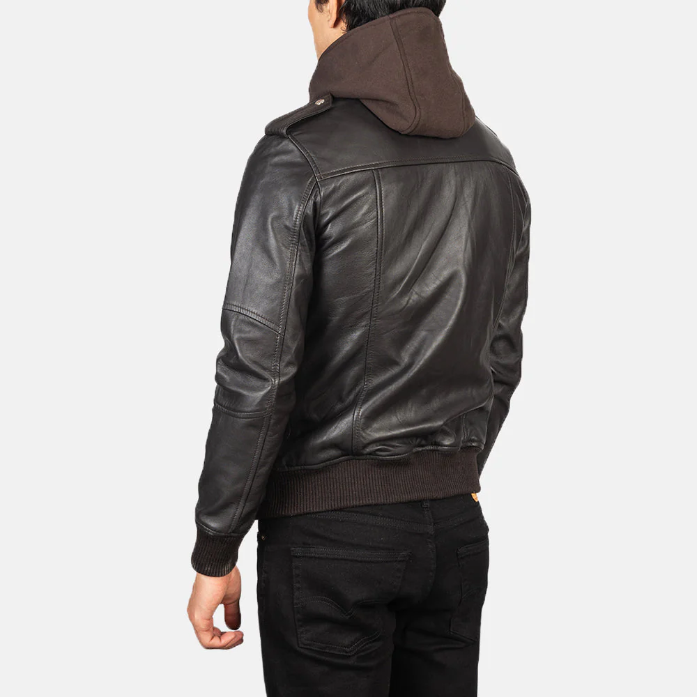 Bravado Brown Hooded Leather Bomber Jacket - Image 2
