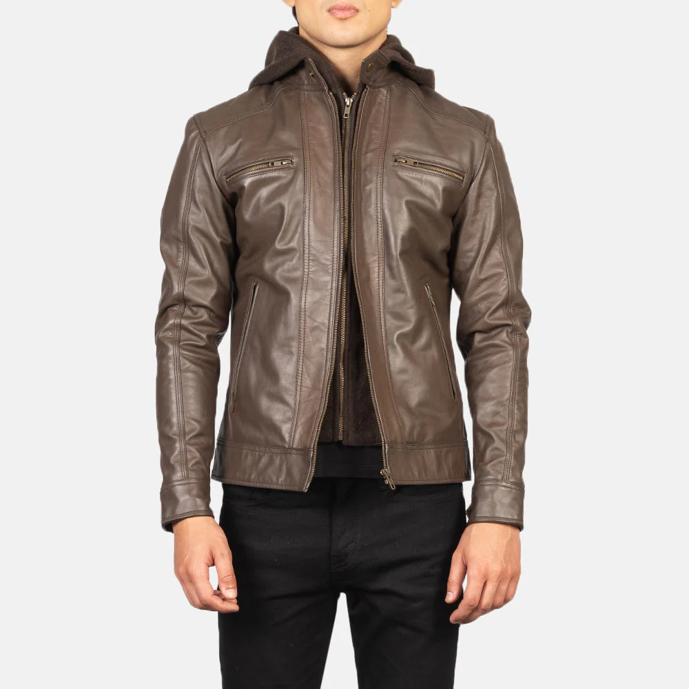 Hector Brown Hooded Leather Biker Jacket - Image 4