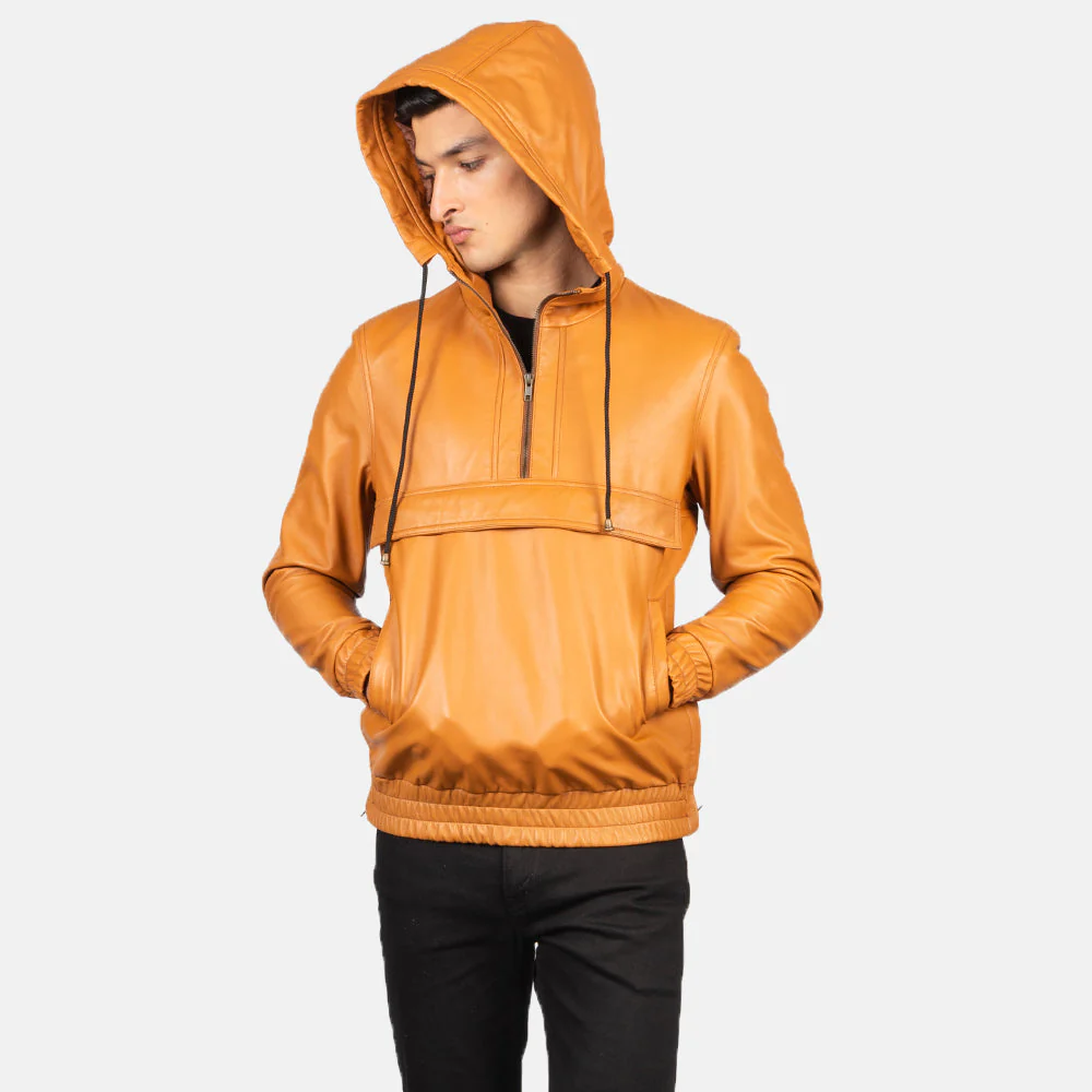 Kenton Hooded Brown Leather Pullover Jacket - Image 4